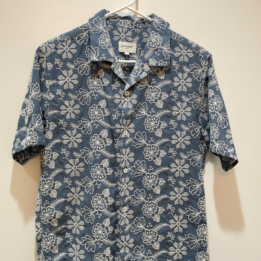 Octobre Editions Blue Embroidered Floral Men's Shirt camp collar small